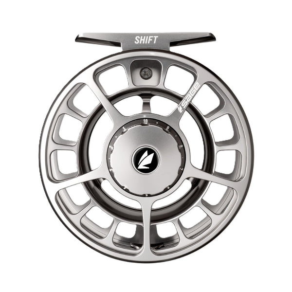 Platinum color Sage Shift Fly Fishing Reel on a white background.