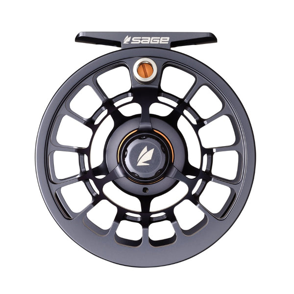 A squall grey Sage Shift LT Fly Reel showing the spool handle on a white background.