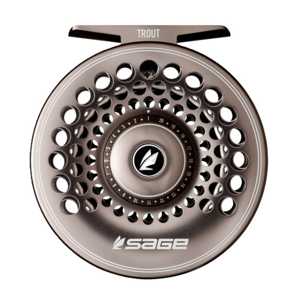 Drag knob side view of the Sage Trout Fly Fishing Reel in flint grey, against a white background.