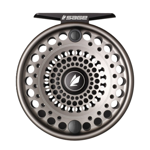 Handle side view of the Sage Trout Fly Fishing Reel in silver and black, against a white background.