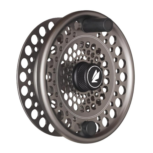 a single sage trout spey replacement spool in silver and black on a white background