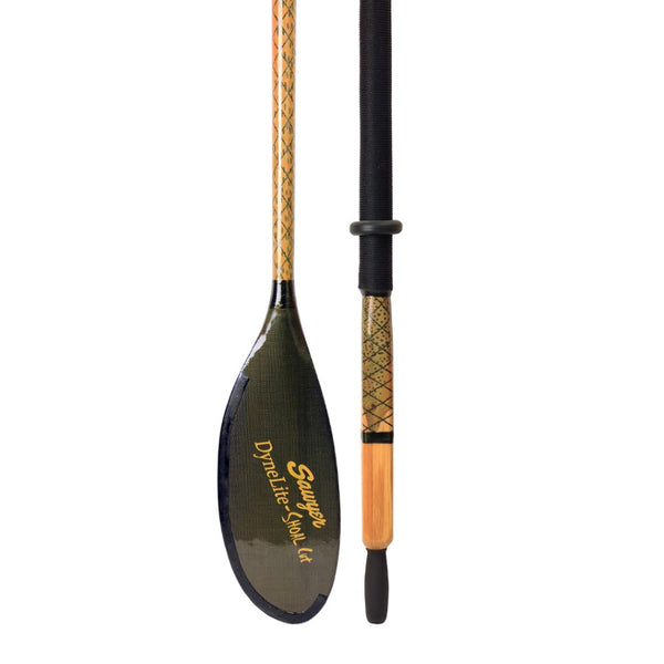Paddle and handle of the Sawyer Artisan Series SquareTop Oar with Shoal Cut Blade and standard grip featuring brown trout artwork by Ty Hallock, on a white background.