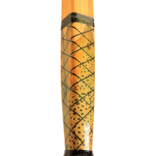 Close up of the handle of the Sawyer Artisan Series SquareTop Oar with handle featuring brown trout artwork by Ty Hallock, on a white background.