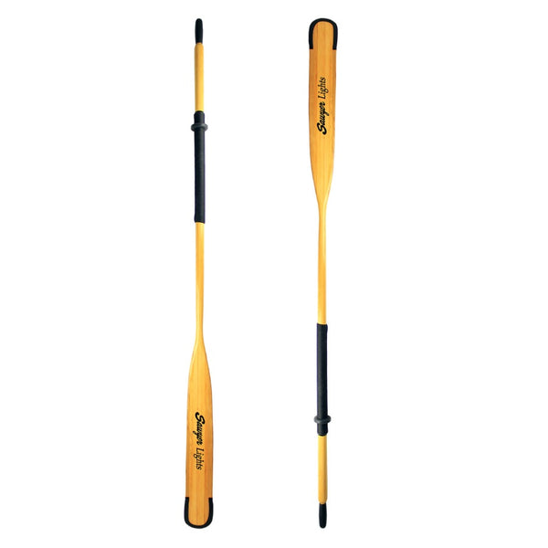 A pair of the Sawyer Laminated Light Wood Oars showing the black wrap on the handle available on oars 9' or less in length, on a white background.