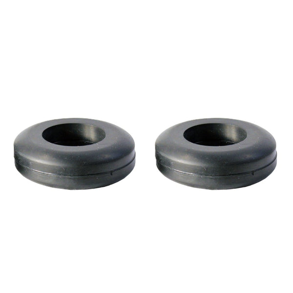 A pair of round, black Sawyer Molded Rubber Oar Stops on a white background.