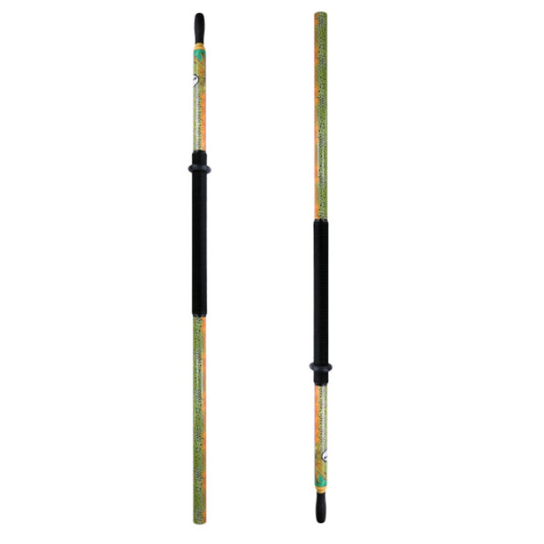 A pair of the Sawyer MXS Composite  Oar Shafts with brown trout print and black wraps on a white background.
