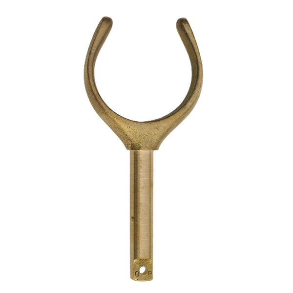 A single bronze Sawyer Open-A Oar Lock with Split Ring attachment hole on the shaft on a white background.