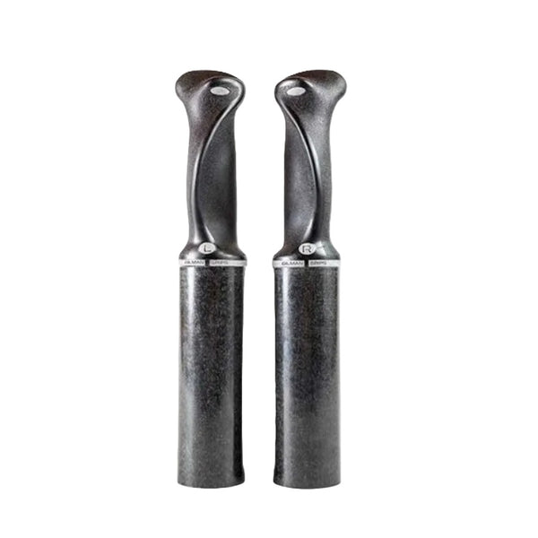 A pair of the black Sawyer Smoker Bandit Oar Gilman Grips shown before installation on the oar shafts,  on a white background.