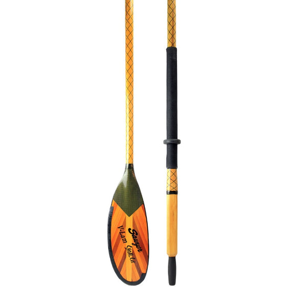 Paddle and handle of the Sawyer SquareTop V-Lam Oar with Shoal Cut Blade and standard grip featuring a wooden v-cut design on the blade, on a white background.