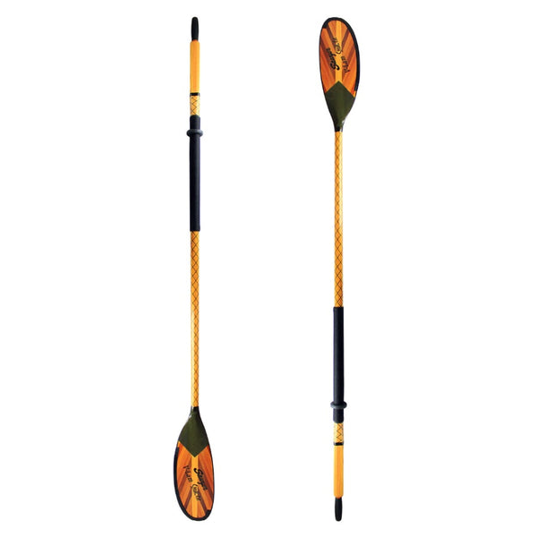 A pair of the Sawyer SquareTop V-Lam Oars with Shoal Cut Blades and standard grips featuring a wooden v-cut design on the blade, on a white background.