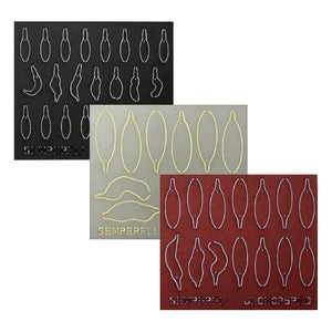 Three sheets of Semperfli ABC Leech Bodies in black, gray, and blood red on a white background.