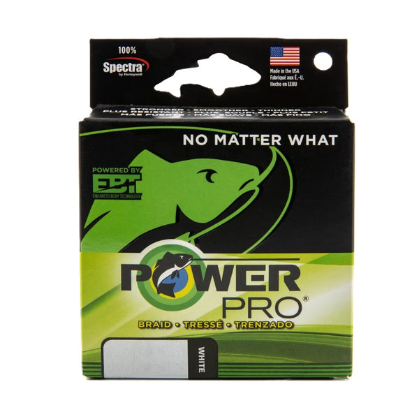 A box of Power Pro Spectra Braid fishing line in white, shown against a plain white background.