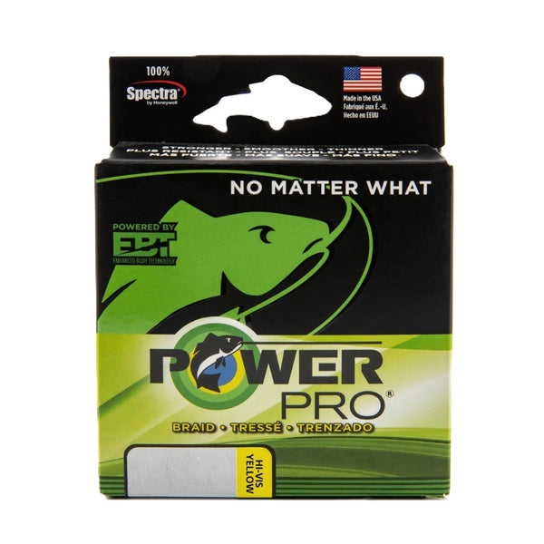A box of Power Pro Spectra Braid fishing line in yellow, shown against a plain white background.