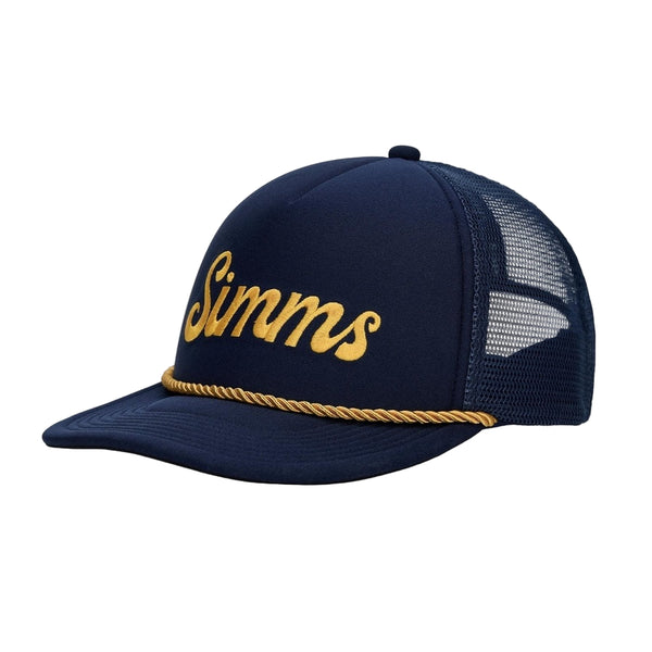 Navy blue Simms Captain's Cap with yellow 'Simms' logo on a white background.