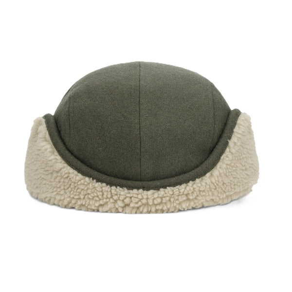Green and brown wool blend Simms Coldweather Cap with ear flaps on a white background.