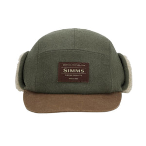 Green and brown wool blend Simms Coldweather Cap with ear flaps on a white background.