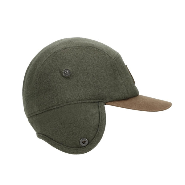 Green and brown wool blend Simms Coldweather Cap with ear flaps on a white background.