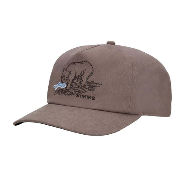 Simms Double Haul Cap in silt with bear embroidery on front on a white background.