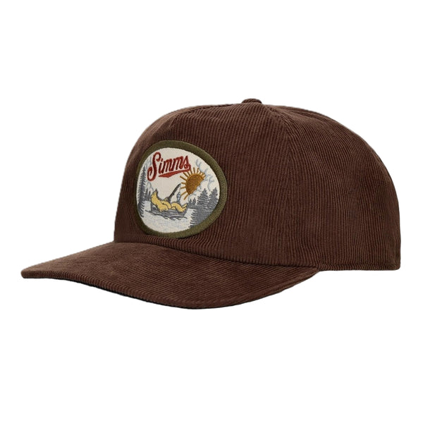 Dark brown Simms Double Haul Corduroy Cap with a logo patch on a white background.