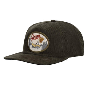 Dark brown Simms Double Haul Corduroy Cap with a logo patch on a white background.