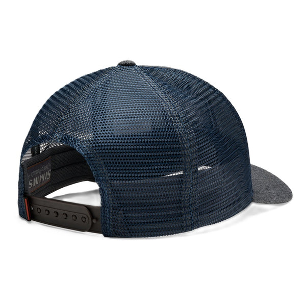 A Tahitian pearl heather Simms Double Haul Icon Trucker Hat with navy blue mesh side panels and snap back closure, against a white background.