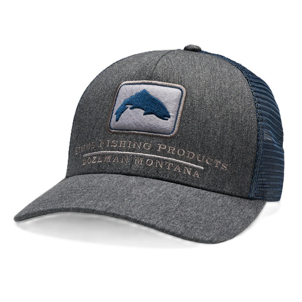 A Tahitian pearl heather Simms Double Haul Icon Trucker Hat with navy blue mesh side panels and a front patch featuring the Simms trout logo, against a white background.