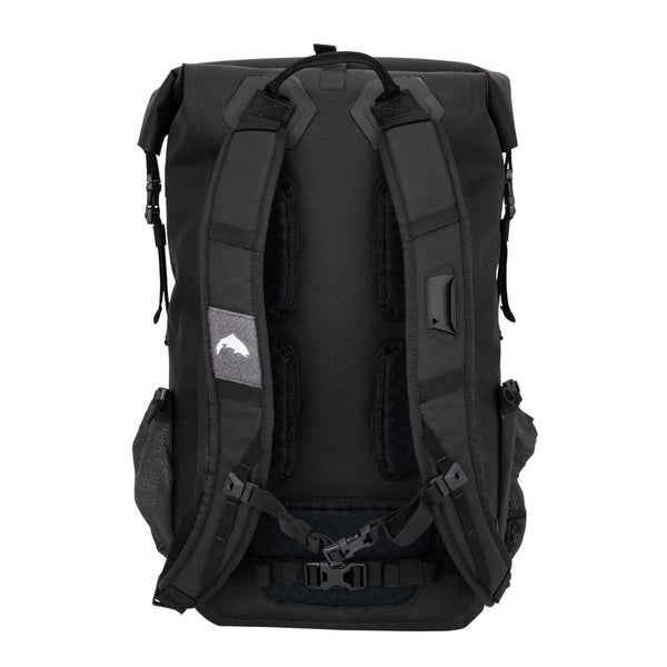 Black 30-Liter Simms Dry Creek Rolltop Backpack with black straps and Simms Logo on a white background.