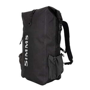 Black 30-Liter Simms Dry Creek Rolltop Backpack with black straps and Simms Logo on a white background.