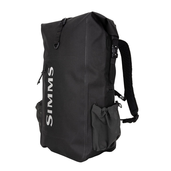 Black 30-Liter Simms Dry Creek Rolltop Backpack with black straps and Simms Logo on a white background.