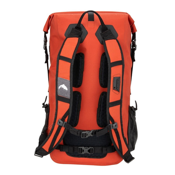Back side of the Orange 30-Liter Simms Dry Creek Rolltop Backpack with black straps and Simms Logo on a white background.