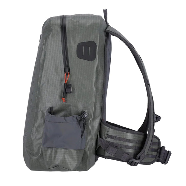 Side view of the olive and grey Simms Dry Creek Z Waterproof Backpack, showing the side bottle pockets, shoulder straps, and waist support strap, against a white background.