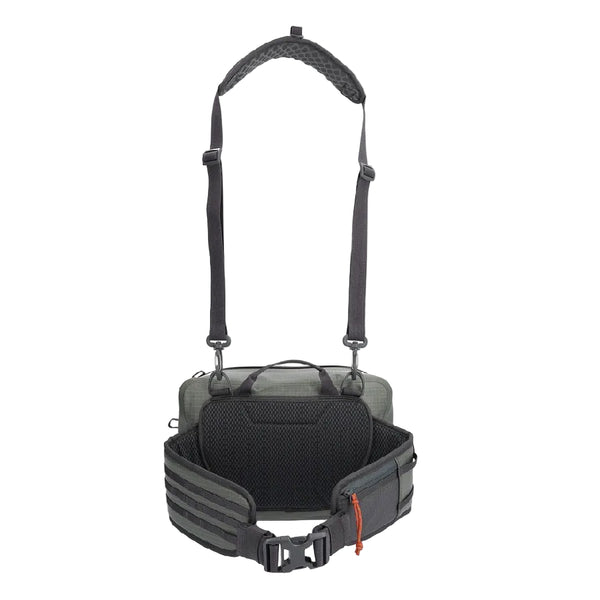Steel grey Simms Dry Creek Z Waterproof Waist Pack, shown from the back with the neck strap extended , against a white background.