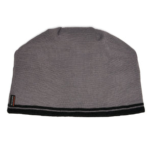 A grey ribbed knit hopper head/black stripe Simms Everyday Beanie hat with the black striped trim around the lower edge, on a plain white background.