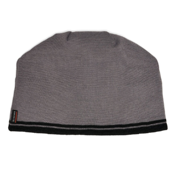 A grey ribbed knit hopper head/black stripe Simms Everyday Beanie hat with the black striped trim around the lower edge, on a plain white background.