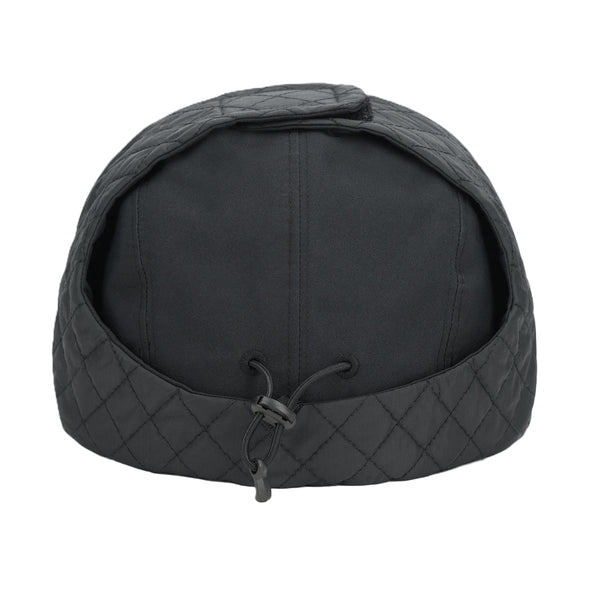Black waterproof Simms ExStream Cap with ear flaps on a white background.