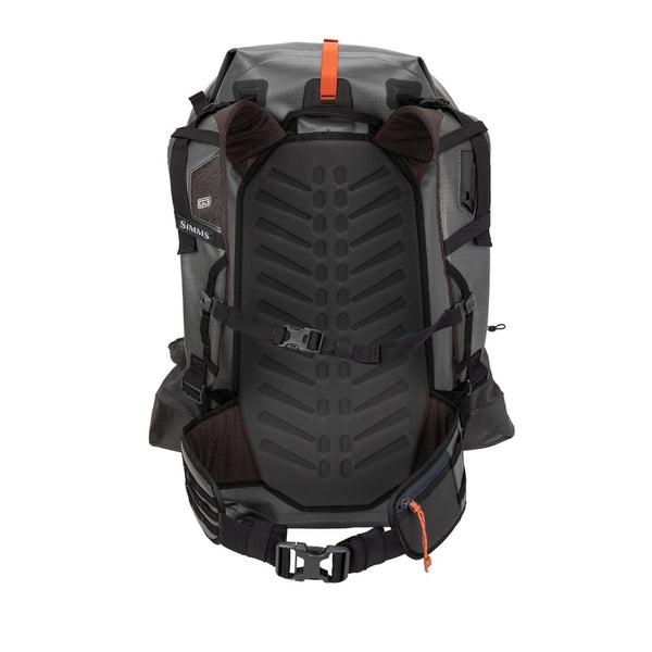 Back view of the grey Simms G3 Guide Rolltop Backpack on a white background.