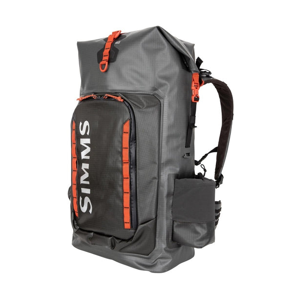 Quarter turn front view of the grey Simms G3 Guide Rolltop Backpack on a white background.