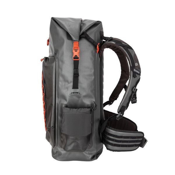 Side view of the grey Simms G3 Guide Rolltop Backpack on a white background.