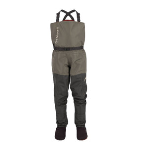 Front view of the Simms Kid's Tributary Stockingfoot Waders with belt details and neoprene stocking feet on a white background.
