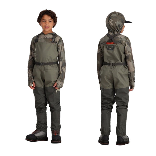 A person facing forward wearing Simms Kids' Tributary Stockingfoot Waders next to the back view showing the waders' fit and belt system on a white background.