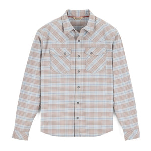 Person wearing the Simms Men's Brackett Flannel Shirt in sterling drummond plaid on a white background.