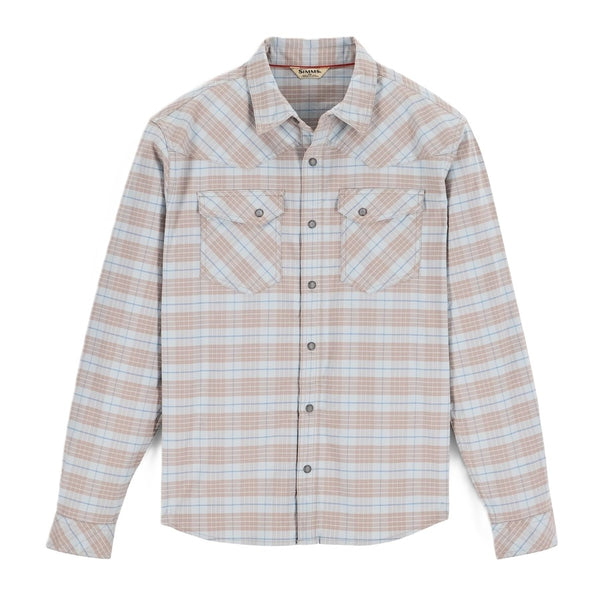 Person wearing the Simms Men's Brackett Flannel Shirt in sterling drummond plaid on a white background.
