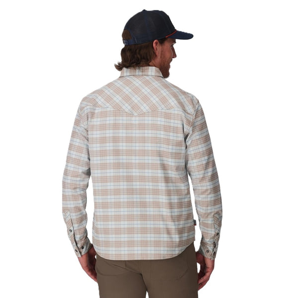 Person wearing the Simms Men's Brackett Flannel Shirt in sterling drummond plaid on a white background.