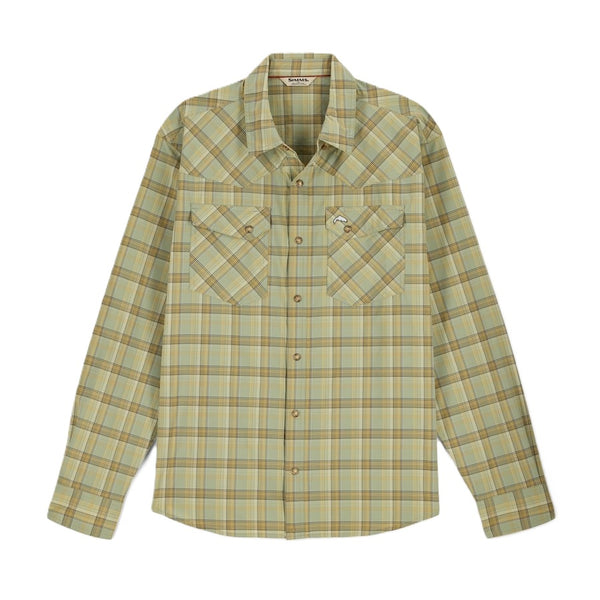Pale pine plaid Simms Men's Brackett Long Sleeved Shirt with a collar on a white background.