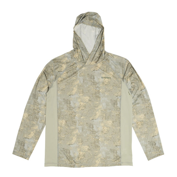 Windy pale pine patterned Simms Men's Challenger Solar Hoody on a white background.