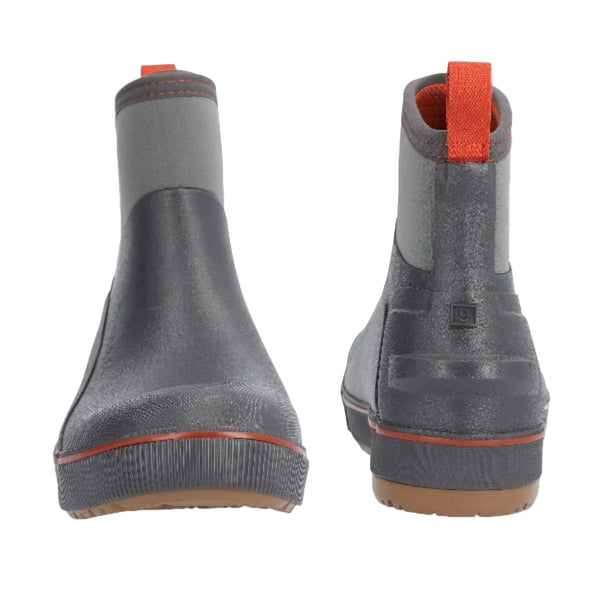 Front and back view of a pair of Storm Grey Men's Simms Challenger 7-inch rubber boot with orange accents on a white background.
