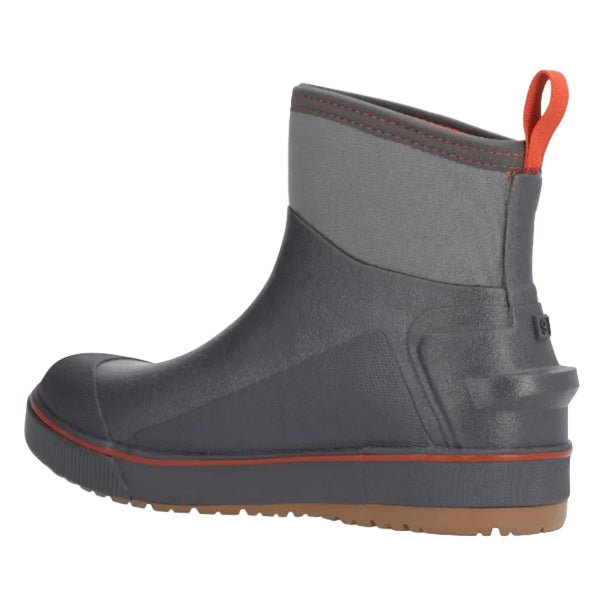 Storm Grey Men's Simms Challenger 7-inch rubber boot with orange accents on a white background.