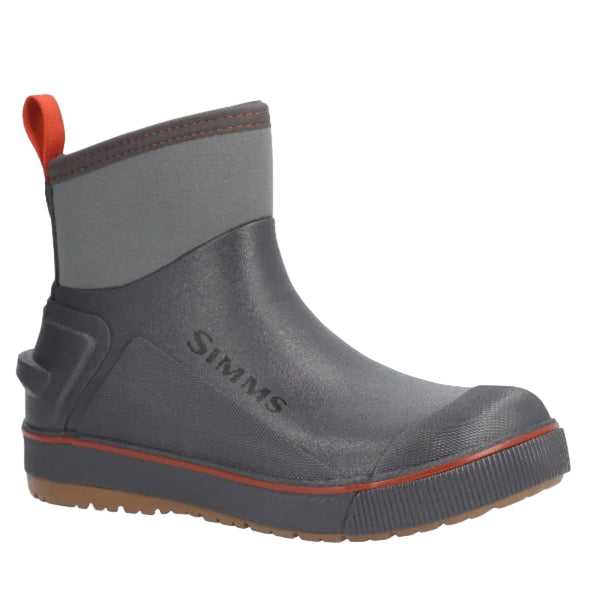 Storm Grey Men's Simms Challenger 7-inch rubber boot with orange accents on a white background.