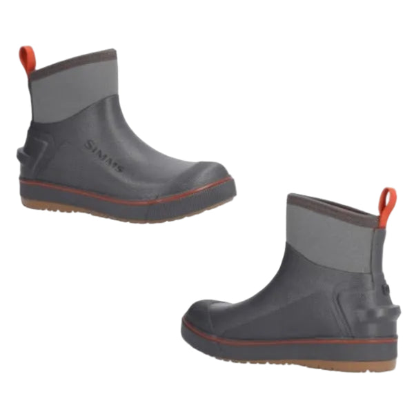 Pair of Storm Grey Men's Simms Challenger 7-inch rubber boot with orange accents on a white background.