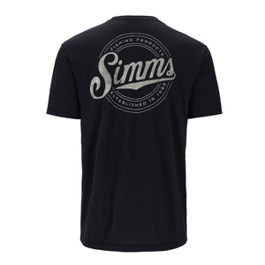 Black t-shirt with Simms Circle Lockup graphic on the back, on a white background.